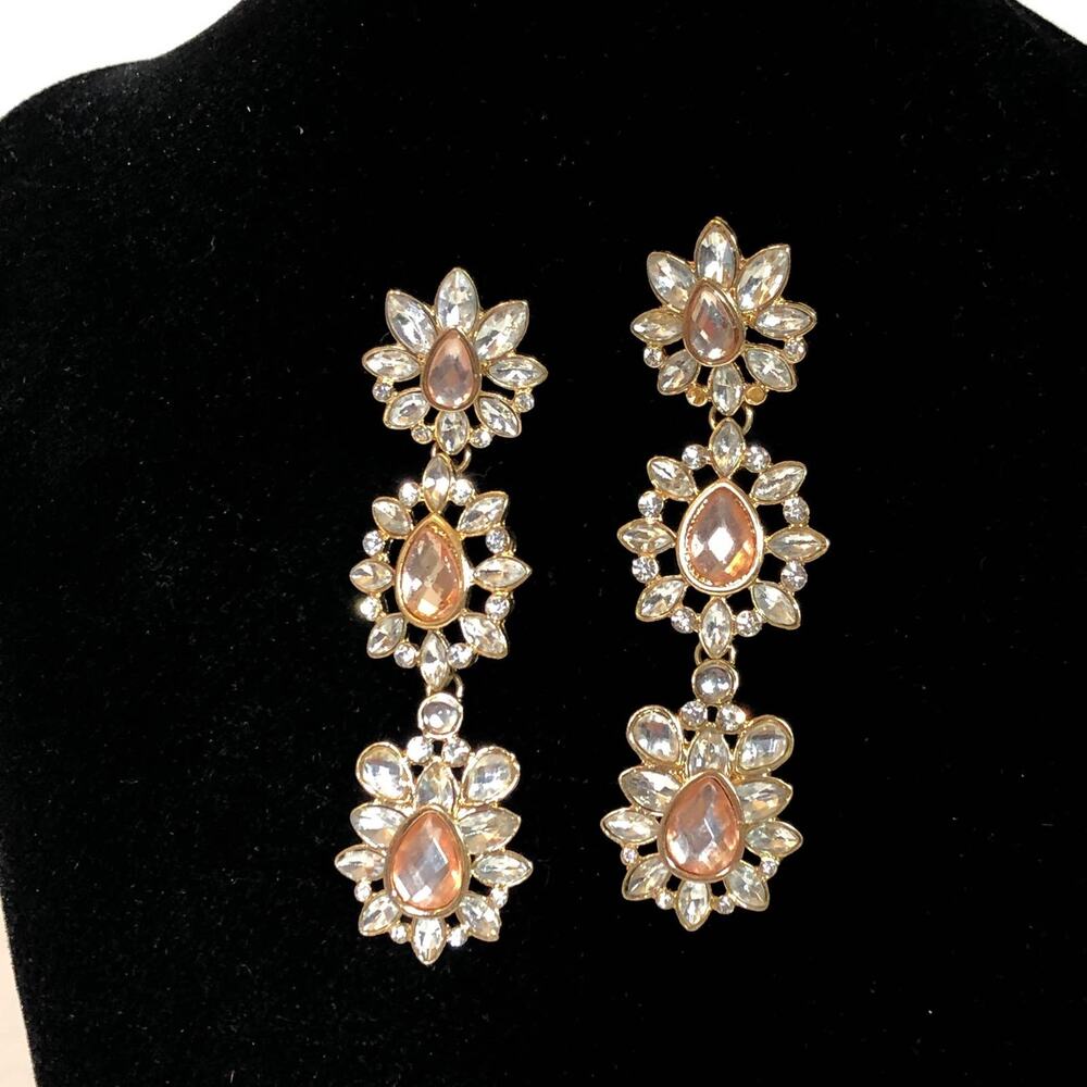 Pink and White Crystal Earrings Gold Tone Dangle Pierced Statement